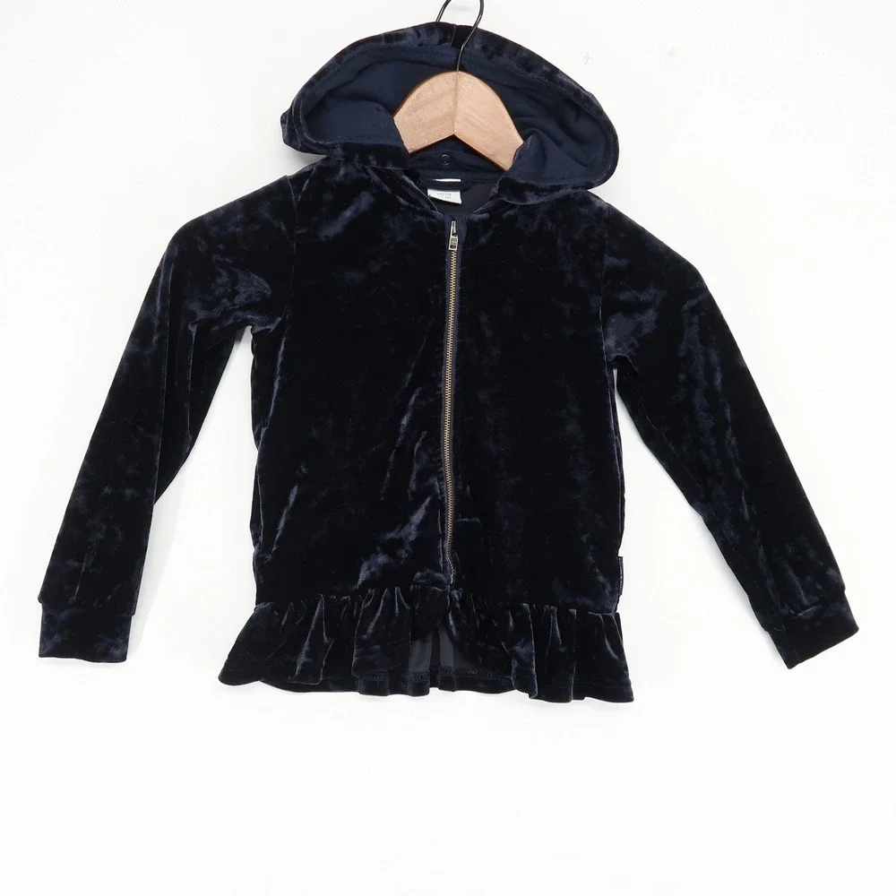 Polarn O. Pyret Velvet Hoodie Swans Navy Blue Ruffle Girls Size 4-6